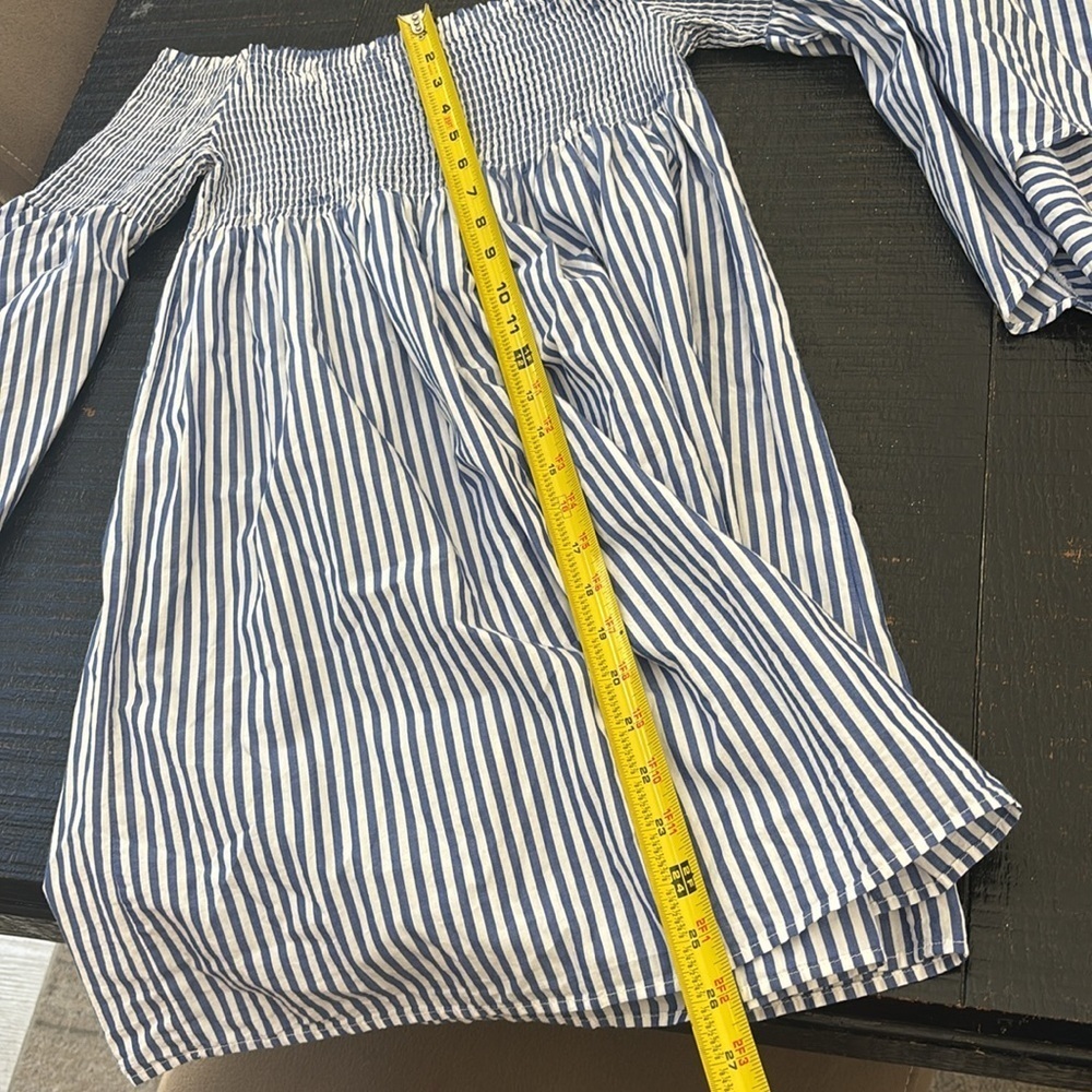 Zara Woman Off Shoulder Shirred Tunic or Mini Dress Coastal Stripe White Blue XS - Picture 7 of 9